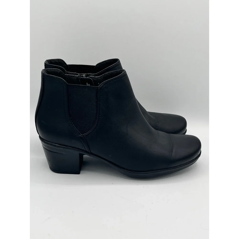 Clarks Women Black Leather Ankle Boots Block Heel Side Zip Booties Size 6.5M